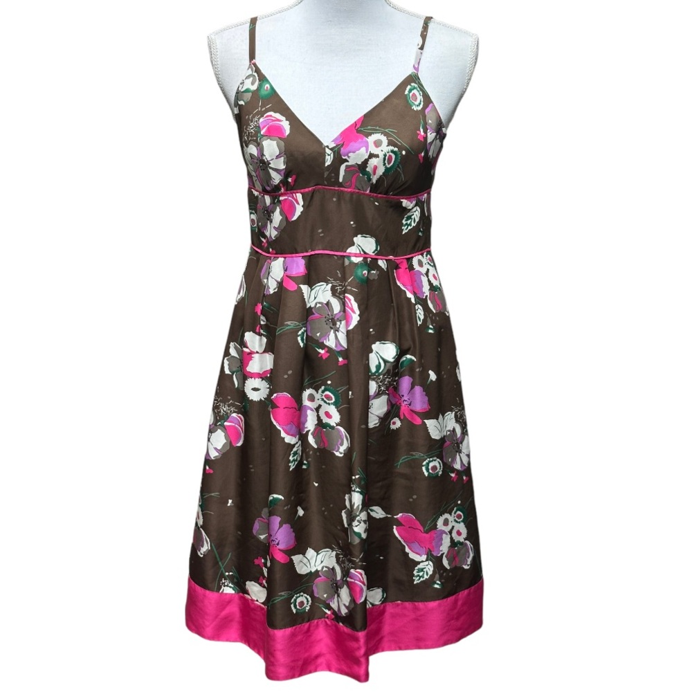 Guess 100% Silk Brown Hot Pink Floral Fit & Flare Dress Size‎ 7 Feminine Summer
